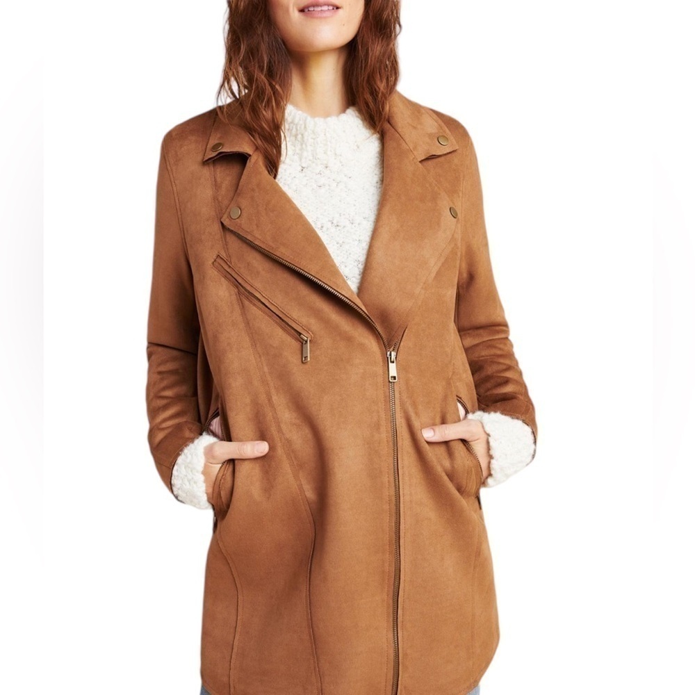Anthropologie women’s Ripley Suede Longline Moto Jacket size L brown